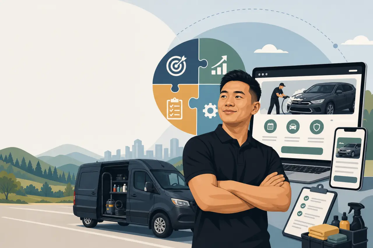 Illustration of a confident mobile detailing Oroville CA technician standing before his fully equipped supply van, with a booking website, smartphone