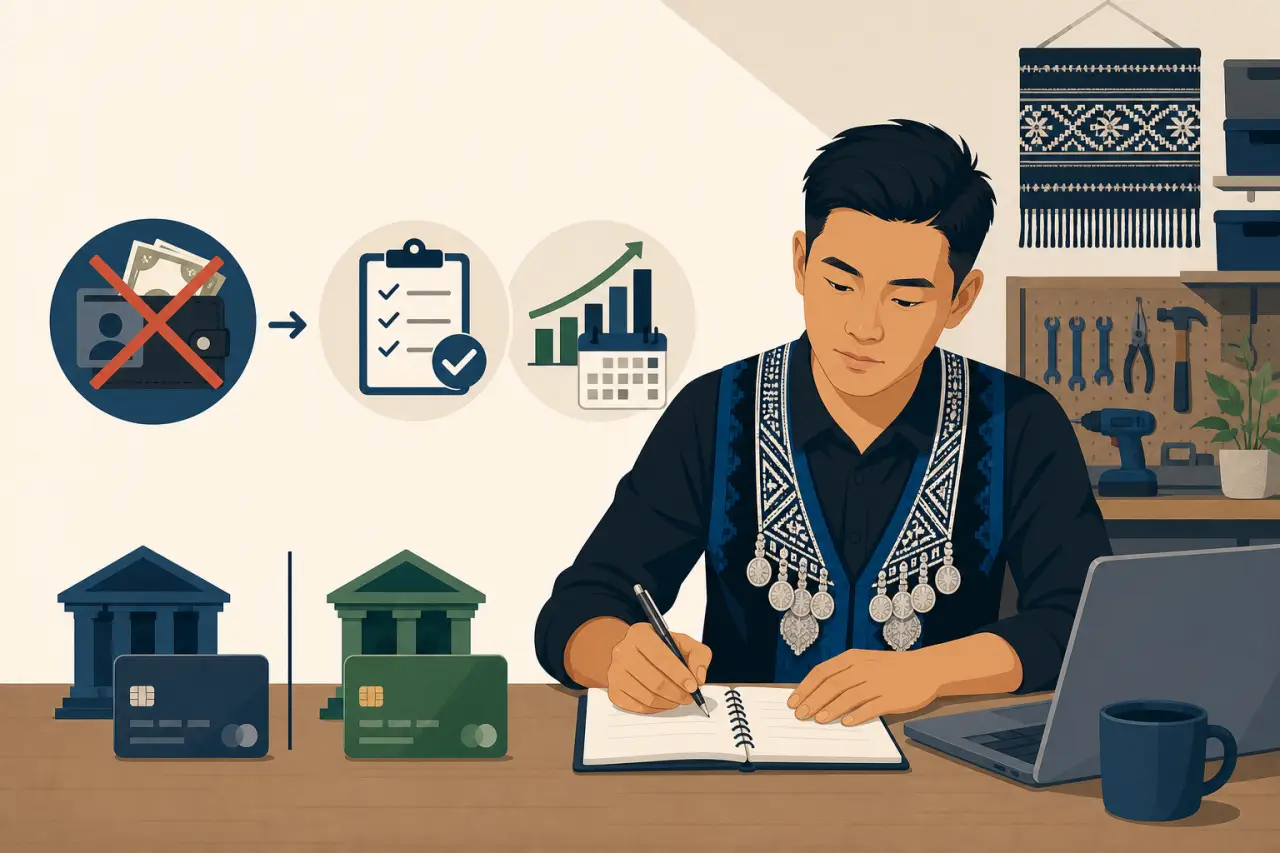 Illustration of a man in traditional embroidered attire journaling at a desk with a laptop, coffee mug, bank and credit card icons, and growth-chart g