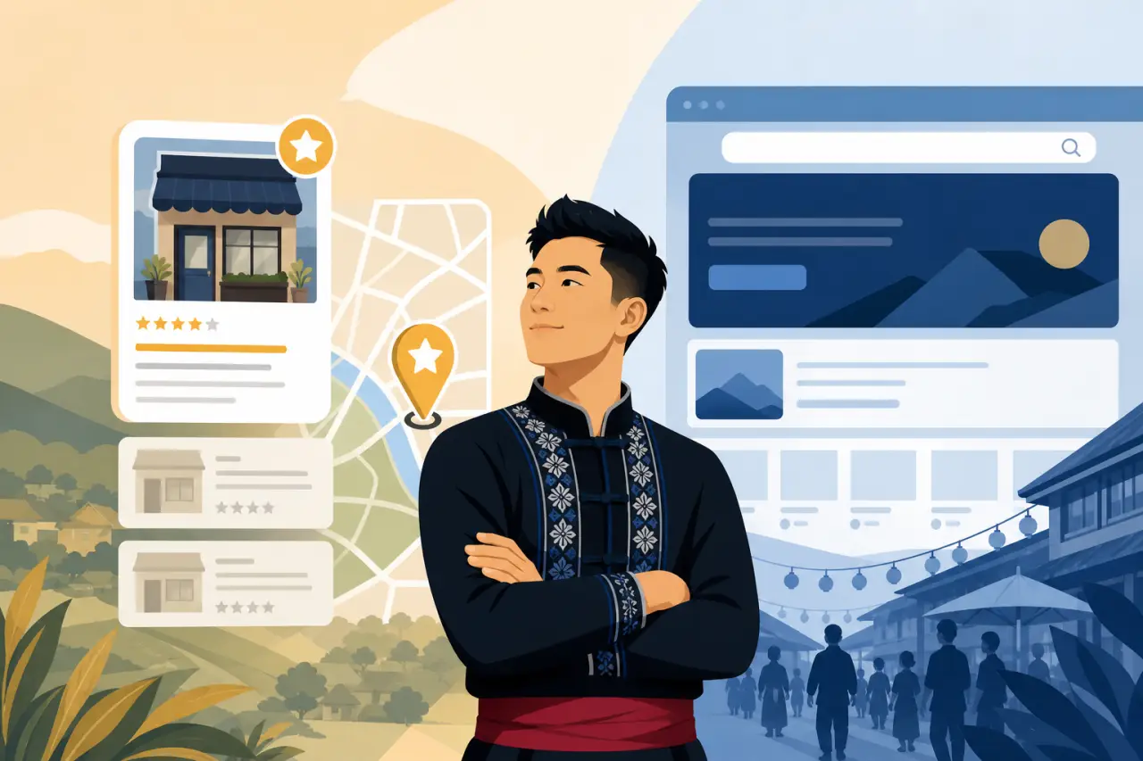 Illustration of a man in traditional embroidered attire standing between a map with a rated storefront card and a website search interface, symbolizin