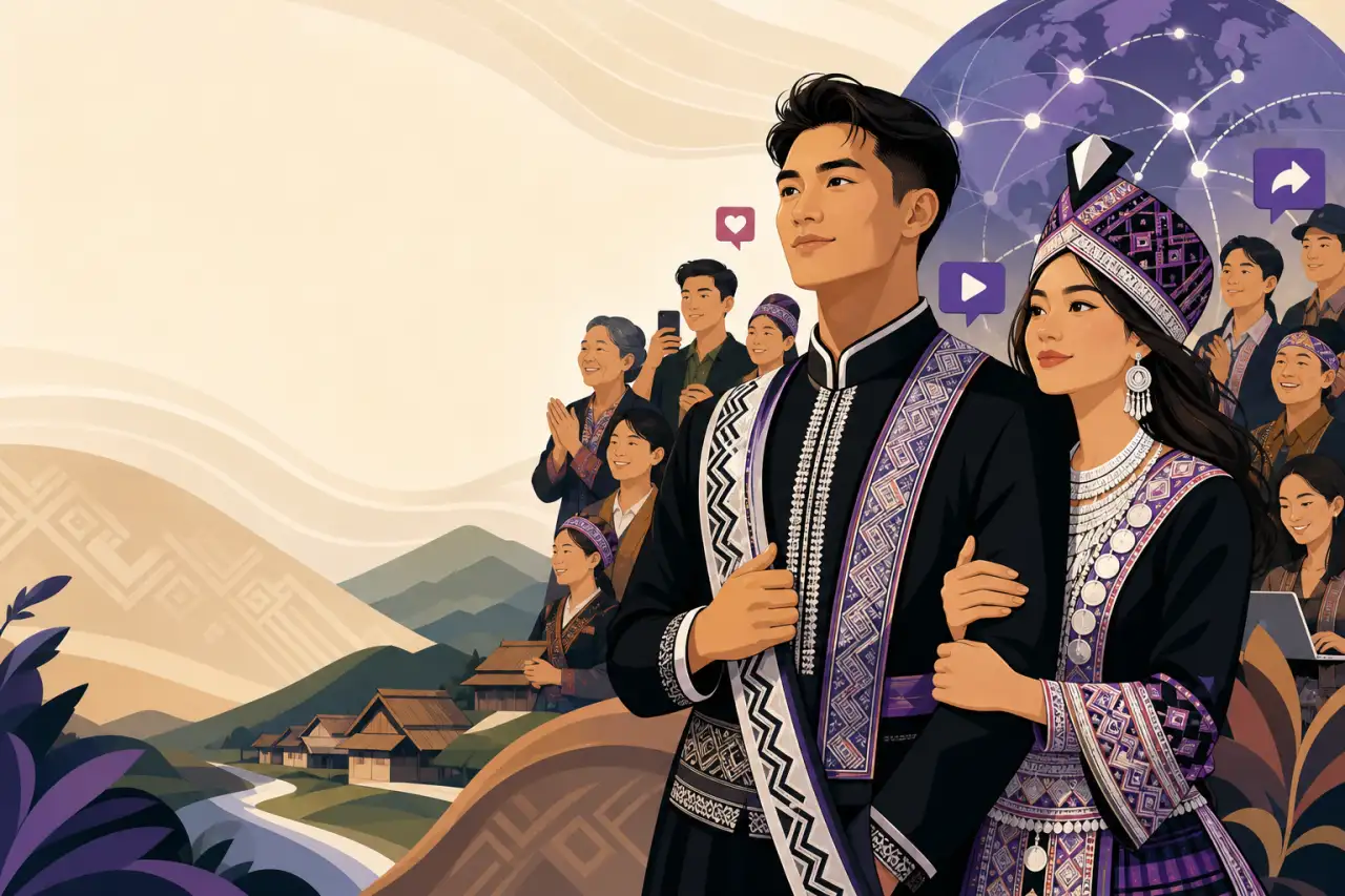 Illustrated couple in traditional Hmong attire with embroidered sashes and silver jewelry lead a group of smiling onlookers before mountain villages a