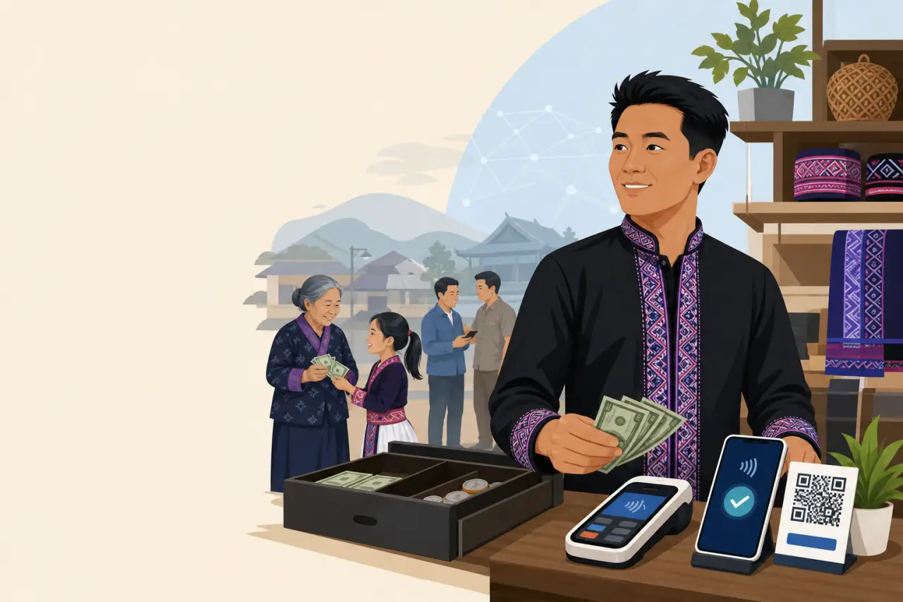 Illustrated shopkeeper in traditional embroidered attire holds cash beside a card reader, phone, and QR code, symbolizing secure payment processing fo