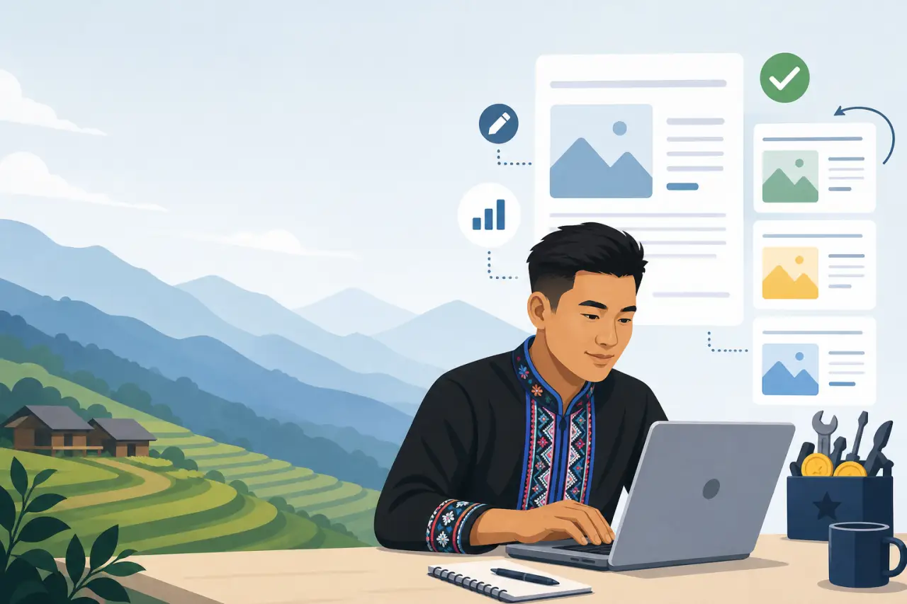 Illustration of a young man in traditional embroidered attire typing on a laptop before terraced hillside villages, surrounded by content icons, check