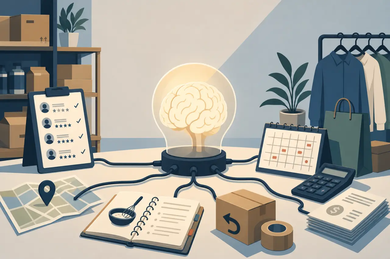 Illustration of a glowing brain lamp connected by cables to a customer review clipboard, calendar, calculator, recipe notebook, shipping box, and clot