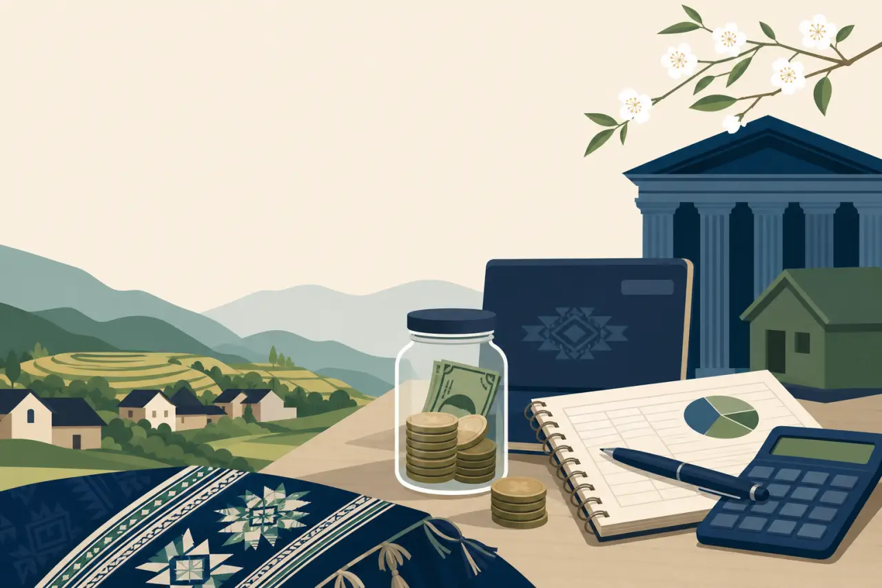 Illustrated savings jar, ledger with pie chart, calculator, and bank building beside a patterned textile and rural village landscape symbolize financi