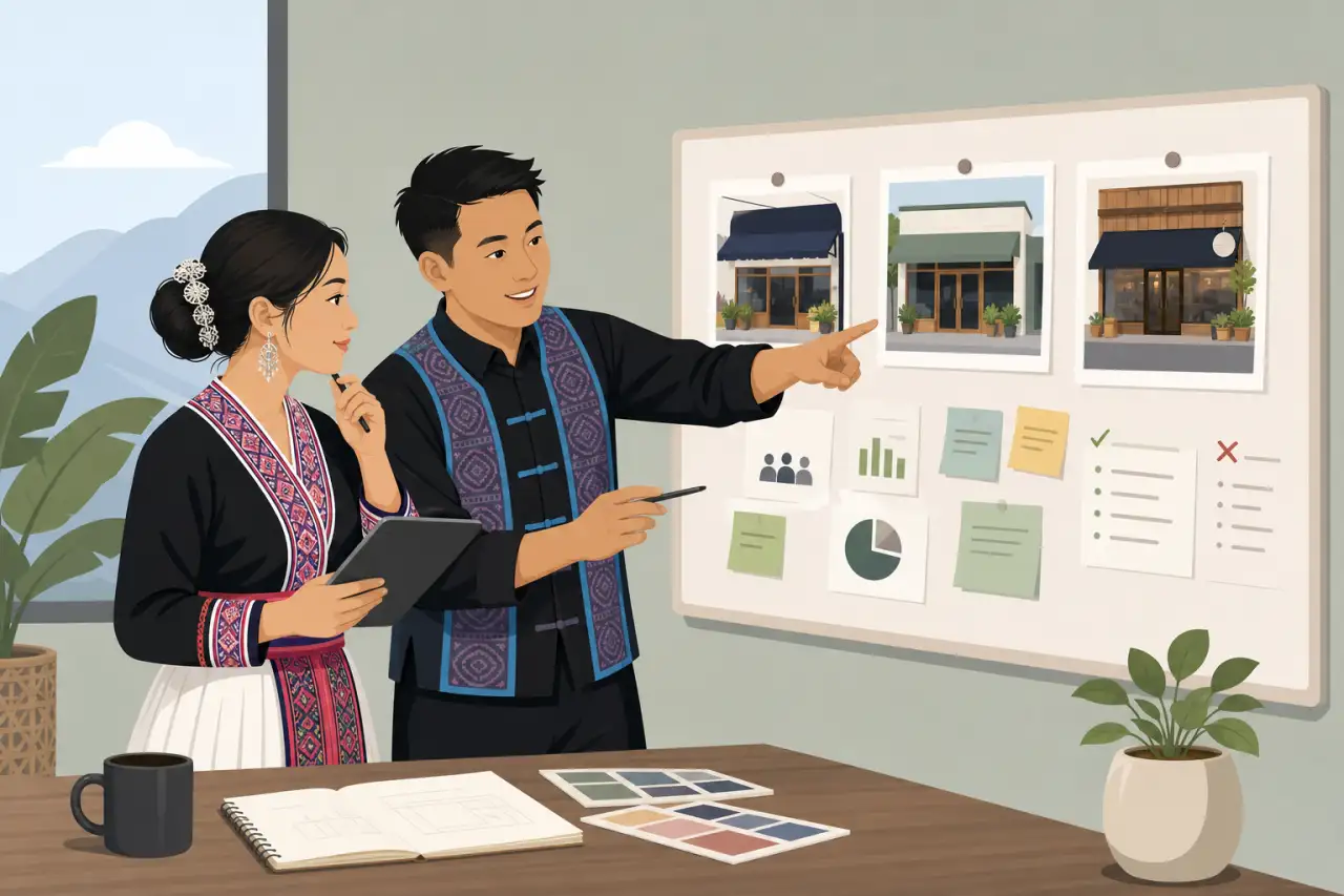 Illustrated man and woman in traditional attire review a mood board with storefront photos, charts, and color swatches while conducting a small busine