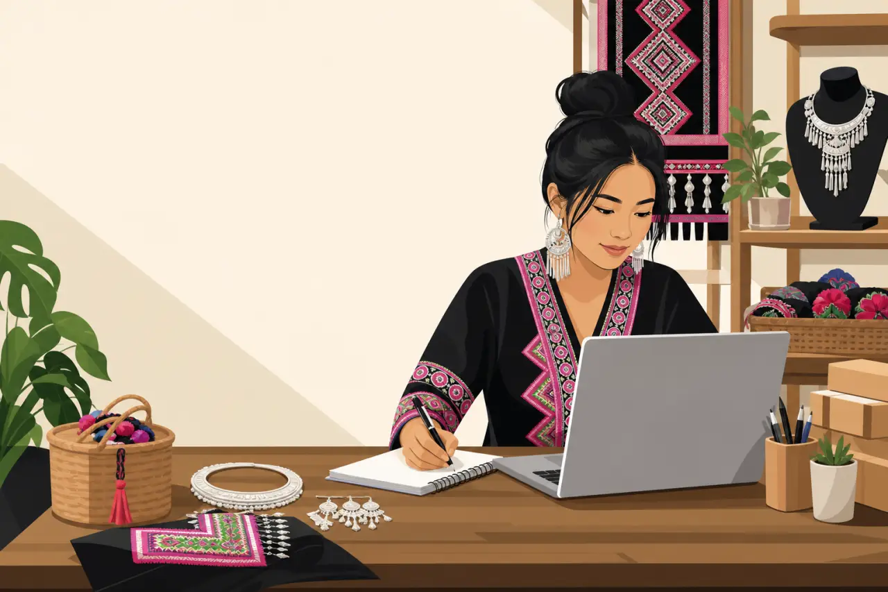 Illustrated woman in traditional Hmong embroidered attire writes notes beside a laptop while reviewing her shop's item description policy, surrounded