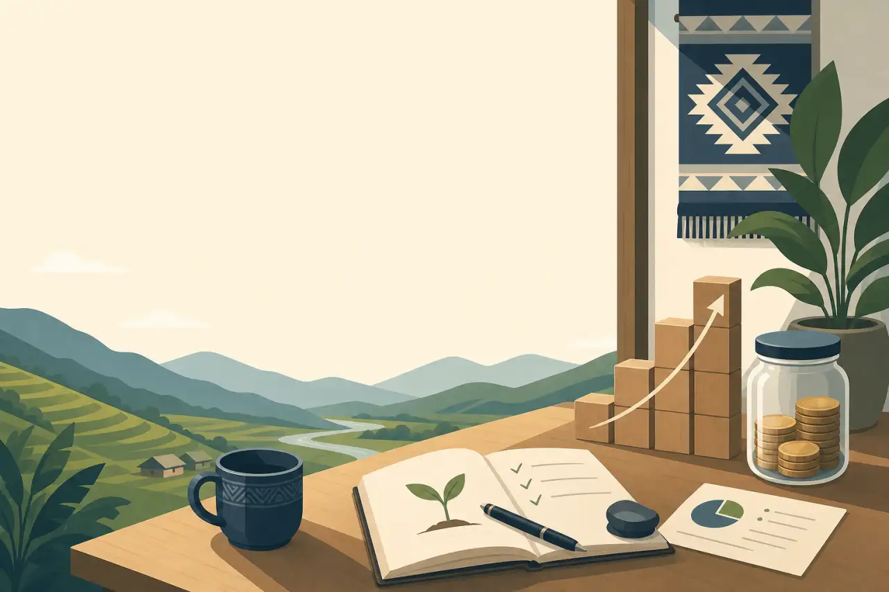 Illustrated workspace with a mug, planted seedling notebook, coin jar, and rising growth chart overlooking green hills, symbolizing how to start a suc