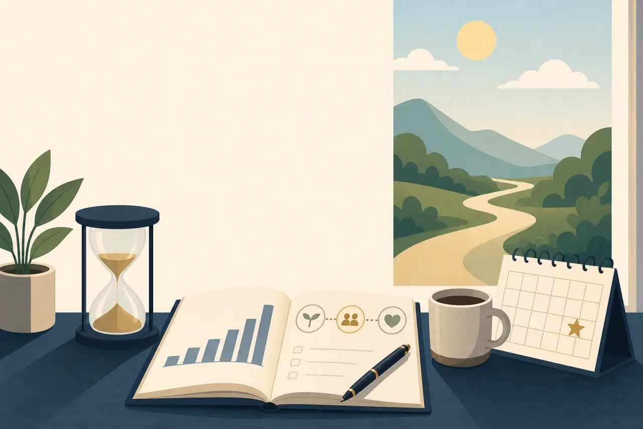 Illustrated desk scene with an hourglass, plant, open planner showing growth charts and checklists, coffee mug, and a starred calendar beside a window