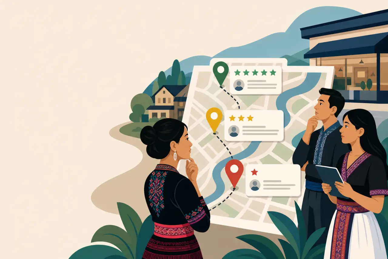 Illustrated figures in traditional embroidered attire study a map with color-coded location pins and star ratings, representing small business competi
