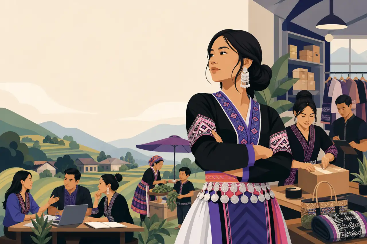 Illustration depicting Hmong women entrepreneurs in traditional embroidered attire packing handmade textiles and baskets in a shop while others collab