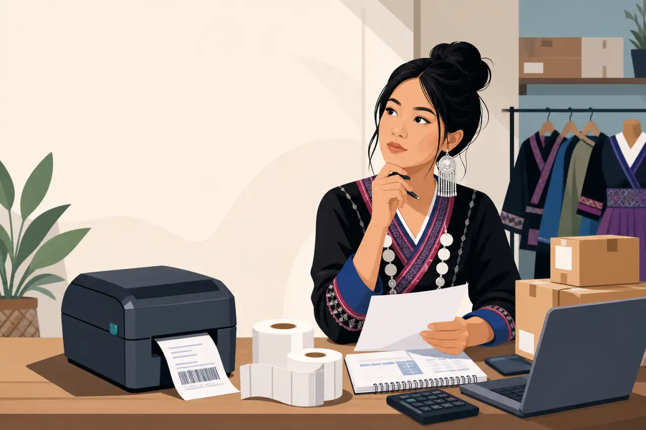 Illustration of a thoughtful boutique owner in traditional embroidered attire reviewing paperwork beside a thermal label printer small business setup,