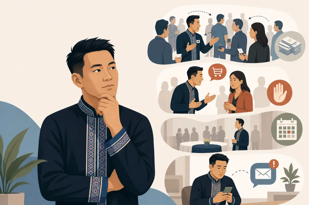 Illustration of a thoughtful man in traditional embroidered attire beside four scenes depicting small business networking tips, including mingling at