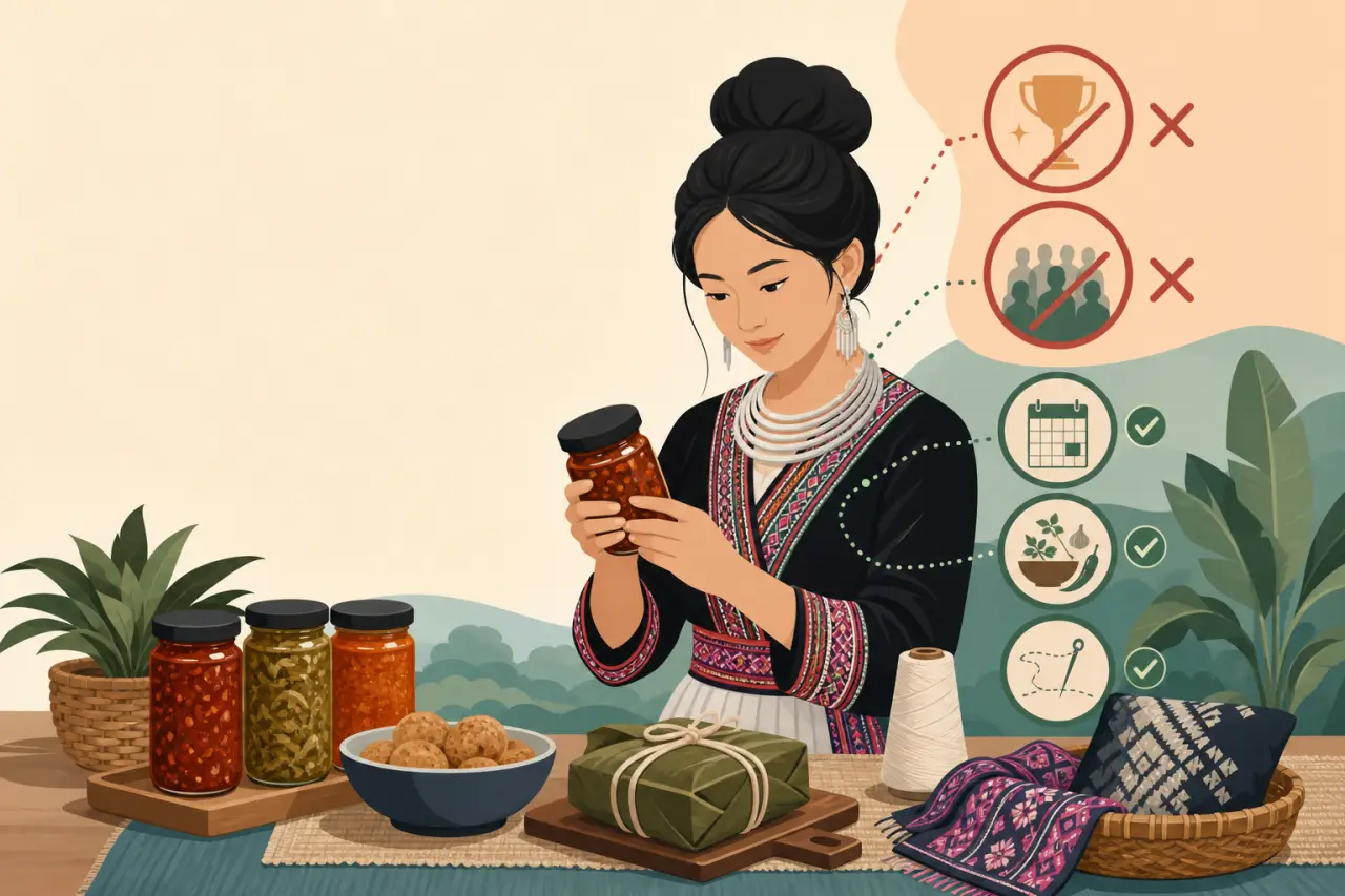 Illustration of a woman in traditional embroidered attire examining a jar of chili sauce beside handmade goods and fabric, with icons representing an