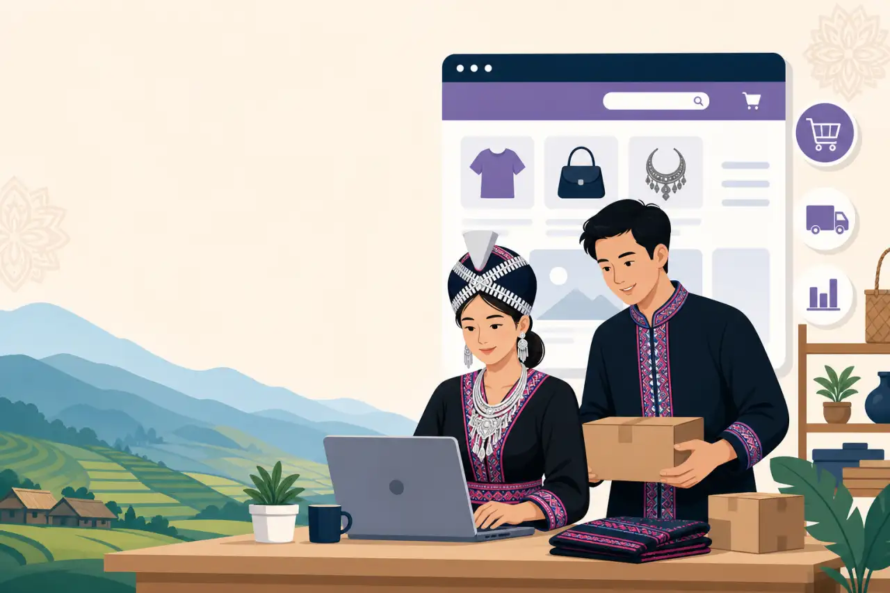 Illustration of a couple in traditional embroidered attire managing a WordPress online store for small business, with a laptop, shipping boxes, and pr