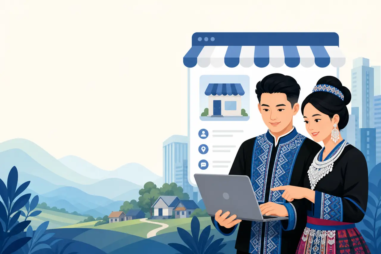 Illustration of a couple in traditional Hmong attire viewing a laptop displaying an online storefront profile, symbolizing seller verification under t