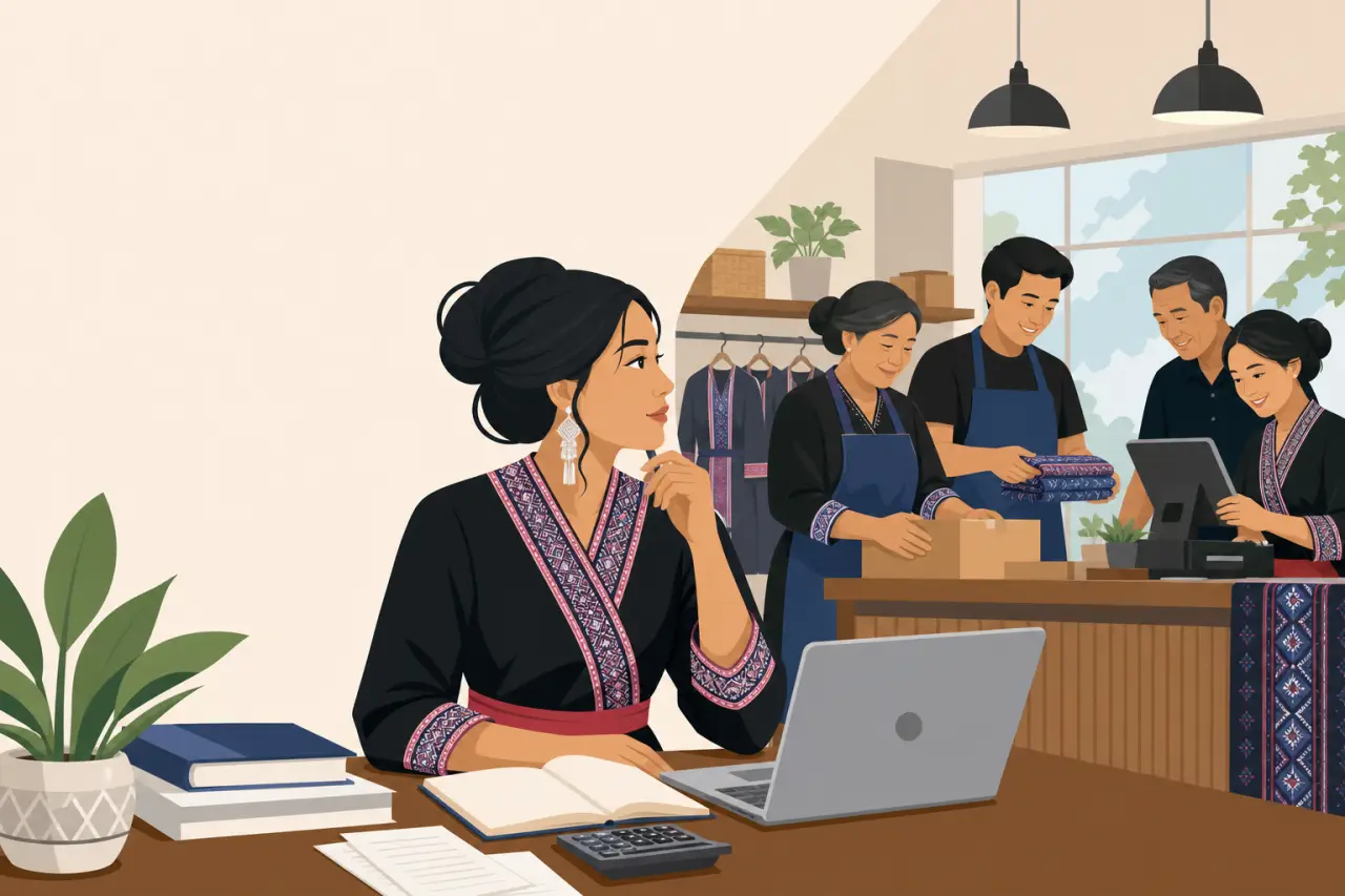 A woman in traditional embroidered attire works at a laptop and notebook in a boutique while staff fold textiles and assist customers, illustrating ho