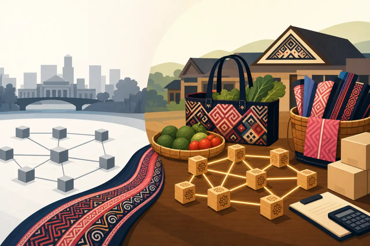 Illustrated split scene contrasts a gray city skyline and blockchain network with a traditional Hmong village market featuring patterned textiles, wov