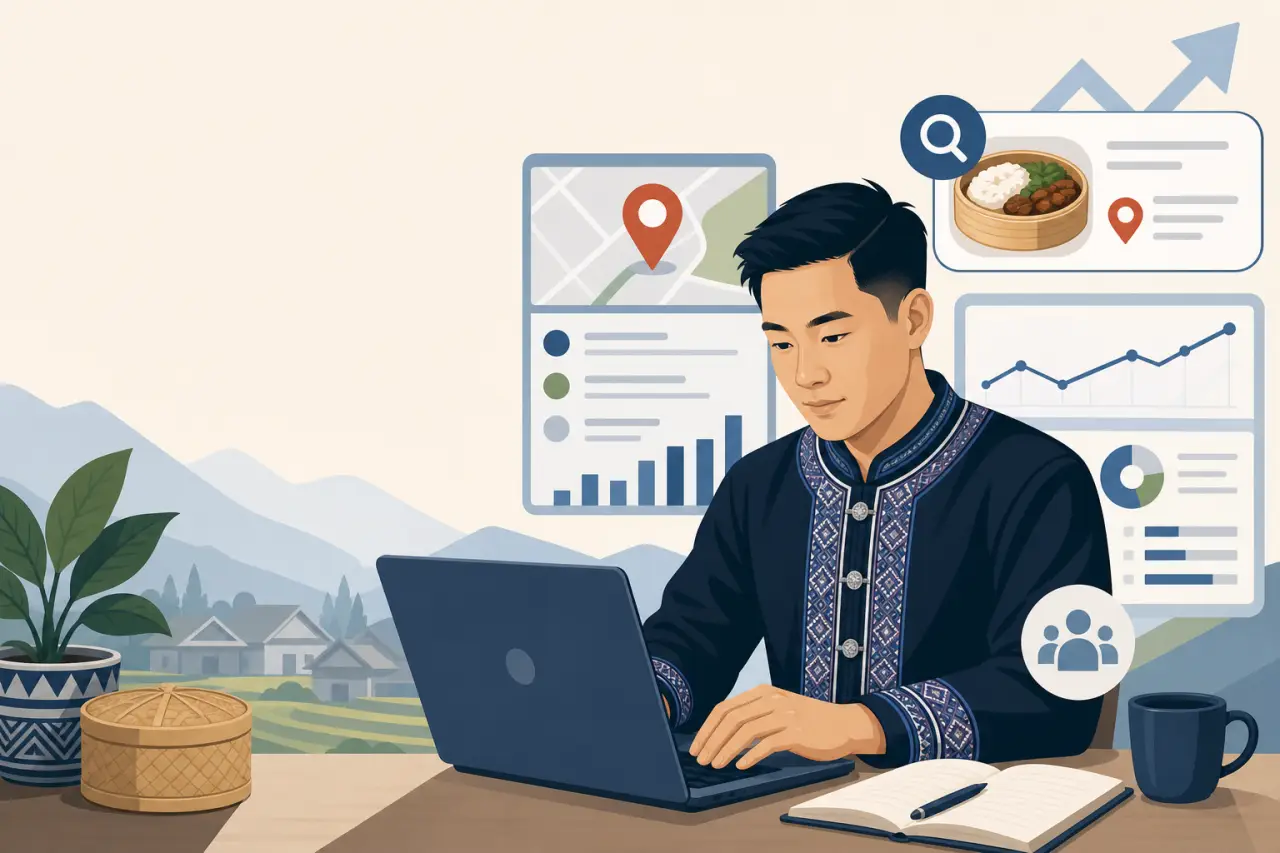 Illustration of a man in traditional embroidered attire using a laptop surrounded by map pins, search icons, and analytics charts, symbolizing underut
