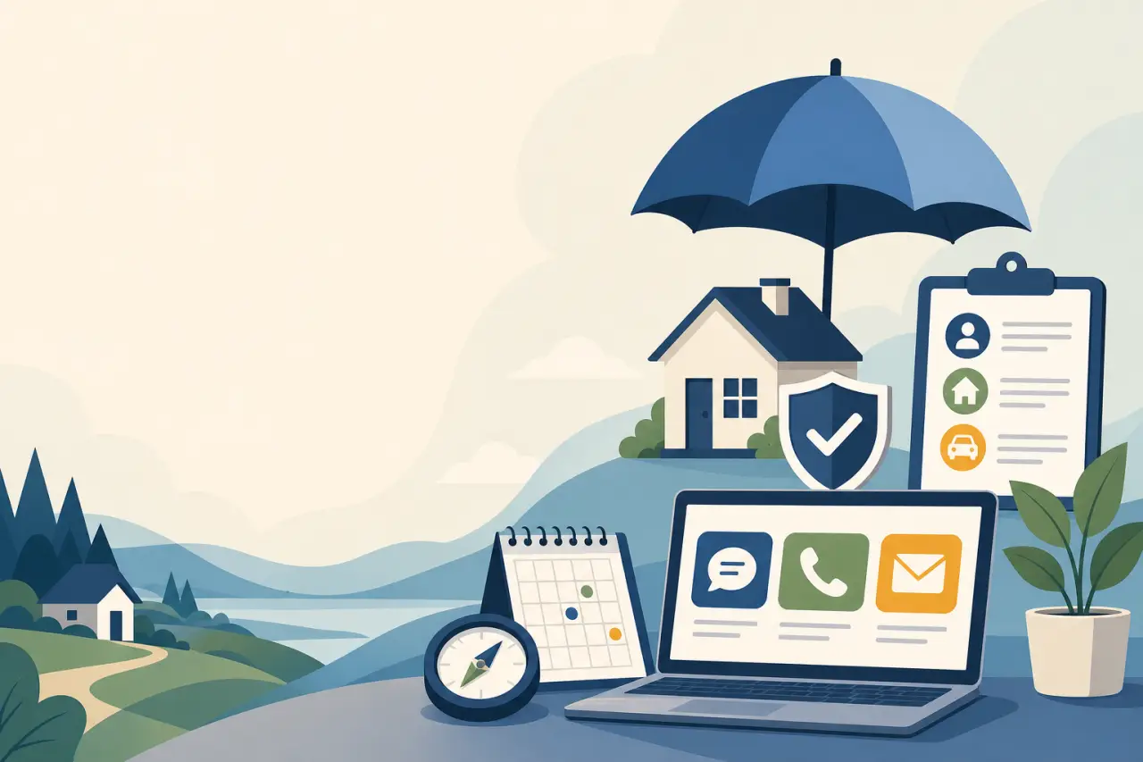 Illustrated banner for a wisconsin health insurance agency seo campaign, showing a protective umbrella and shield over a house beside a laptop, calend