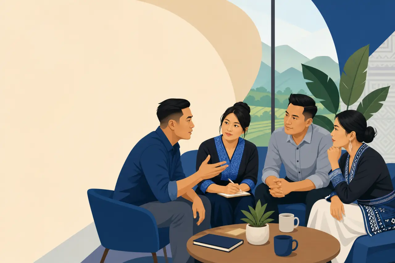 Illustration of four professionals in traditional embroidered attire seated around a coffee table with mugs, a plant, and a notebook, engaged in conve