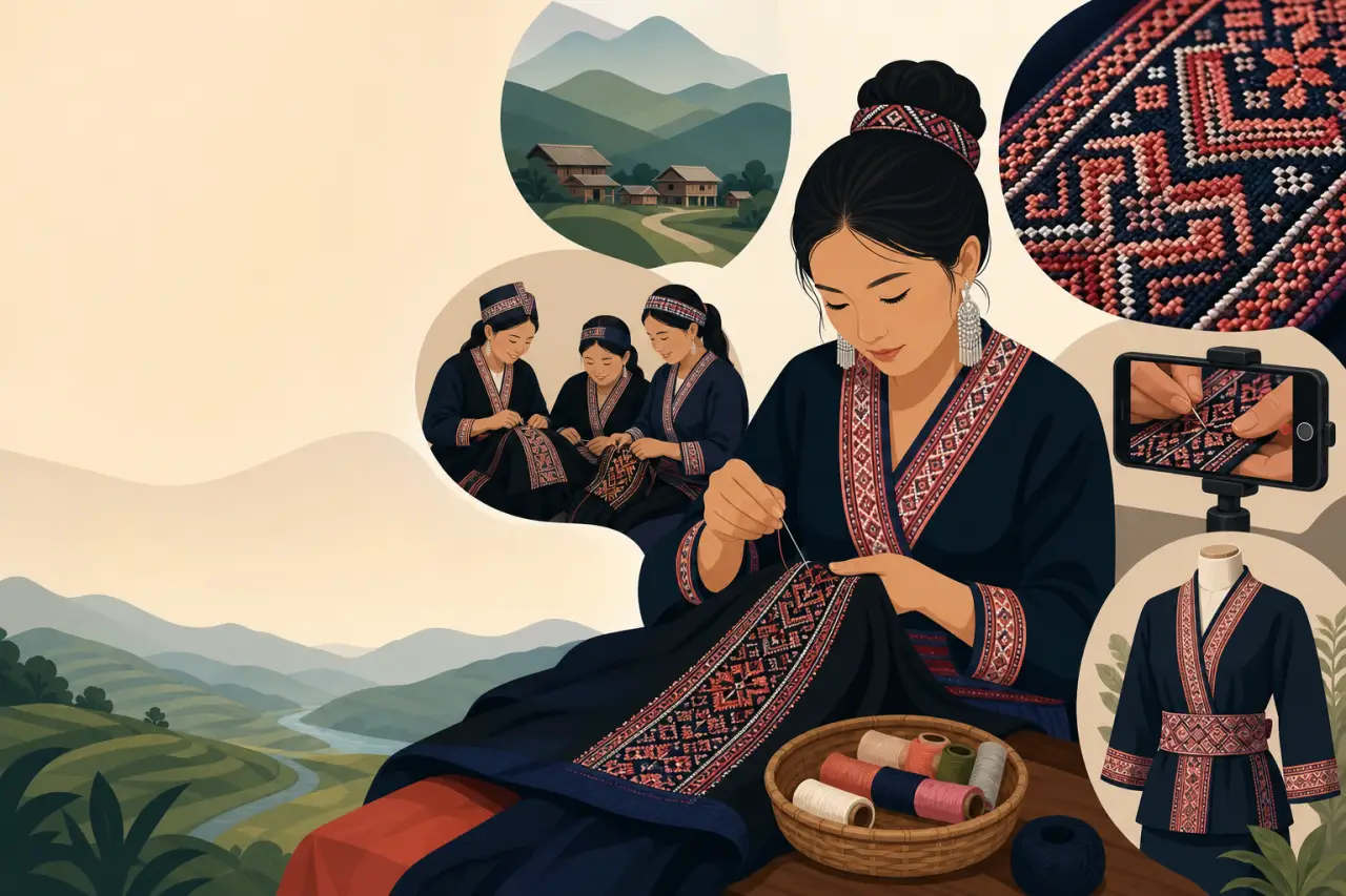 Illustrated banner showing a woman hand-stitching intricate red and black geometric embroidery, surrounded by scenes of village life, fellow artisans,