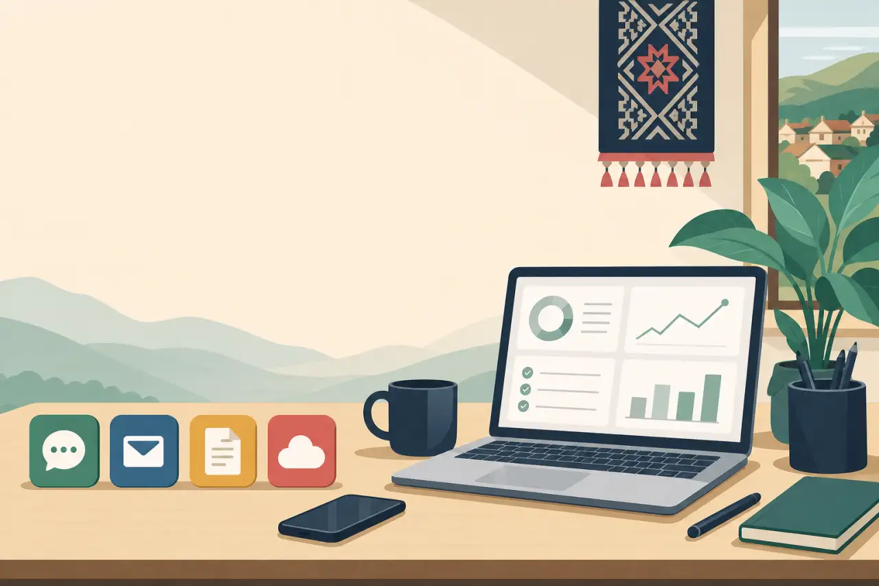 Illustrated desk scene with a laptop showing charts and checklists, app icons for chat, email, documents, and cloud storage, plus a phone, mug, plant,
