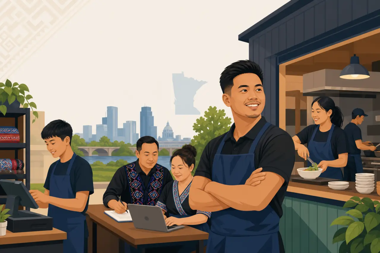 Illustration of Hmong-owned businesses Minnesota economy, showing staff in aprons managing a register, laptop, and food counter with the Minneapolis s