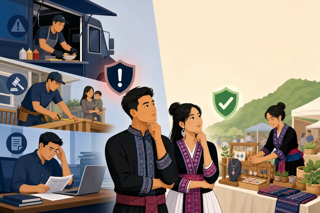 Illustration contrasting risky ventures like food trucks, construction, and paperwork with a warning shield against a safe, thriving craft market scen