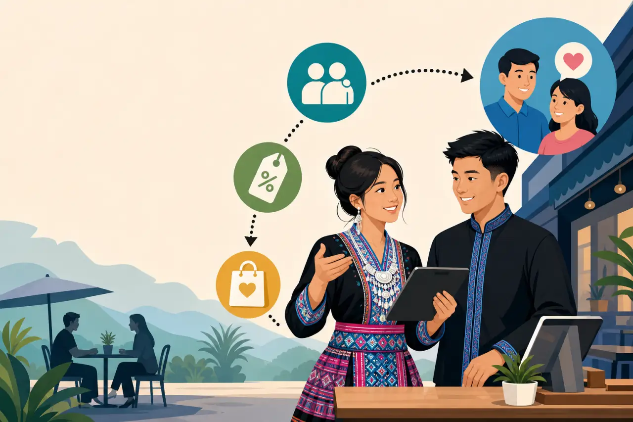 Illustrated couple in traditional embroidered attire review a tablet at a shop counter, surrounded by icons for customers, discounts, and shopping rep