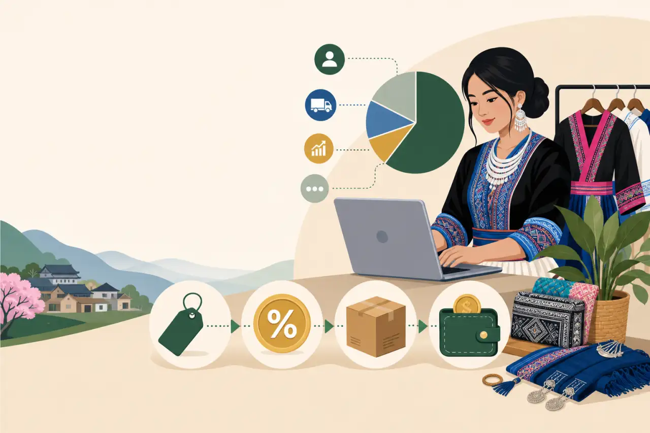 Illustration of a woman in traditional embroidered attire working on a laptop beside a pie chart, icons for shipping and analytics, and a price-tag-to