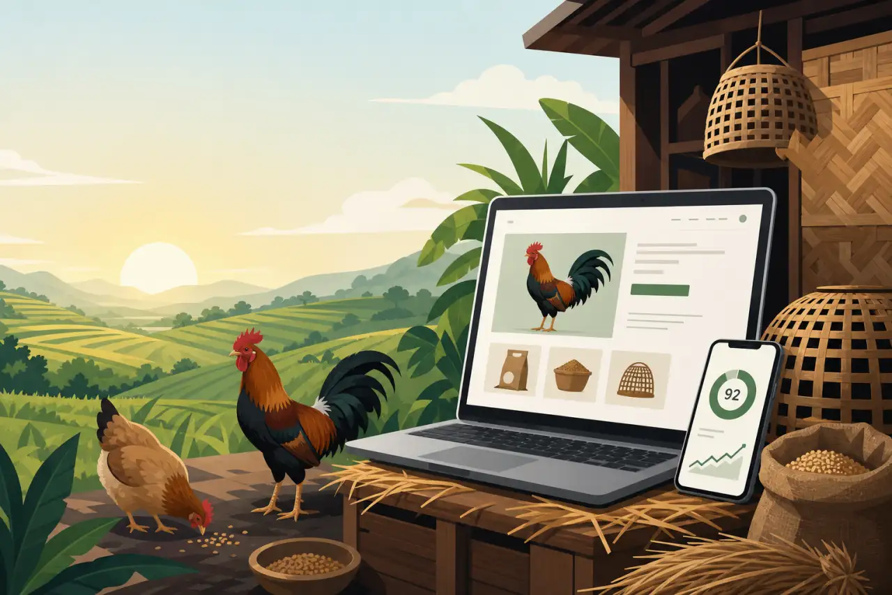 Illustrated rural farm scene with a rooster and hen beside a laptop and smartphone displaying an online store interface, woven baskets, and a feed sac