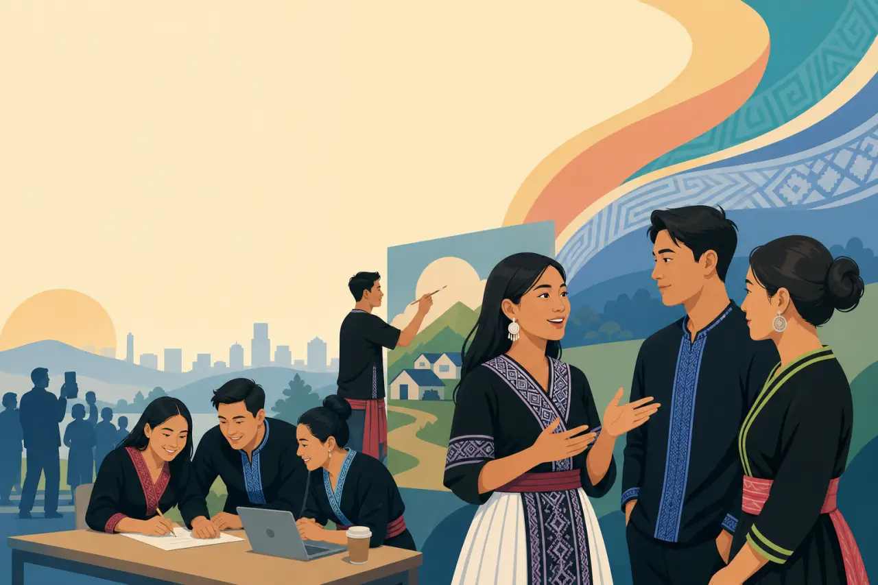 Illustrated group in traditional Hmong embroidered attire converse and collaborate at a laptop, evoking the pride and heritage celebrated by Suni Lee