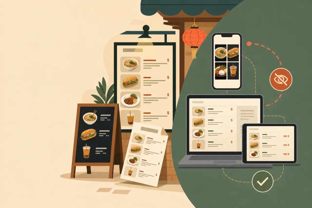 Illustration contrasting a physical restaurant storefront with printed menus against digital screens showing phone, laptop, and tablet menu displays,