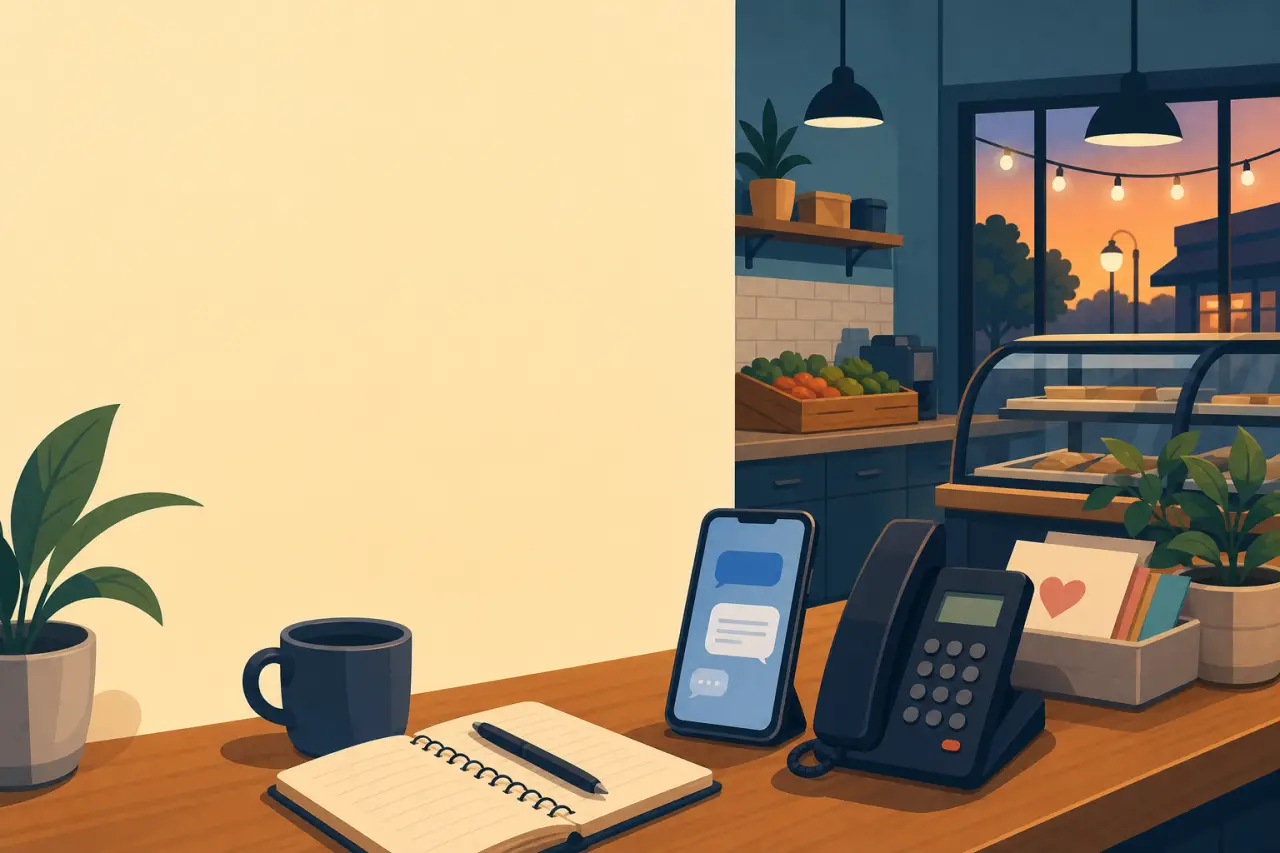 Illustrated café counter with a phone displaying chat bubbles, a landline, notebook, coffee mug, and a heart-marked greeting card, symbolizing custome