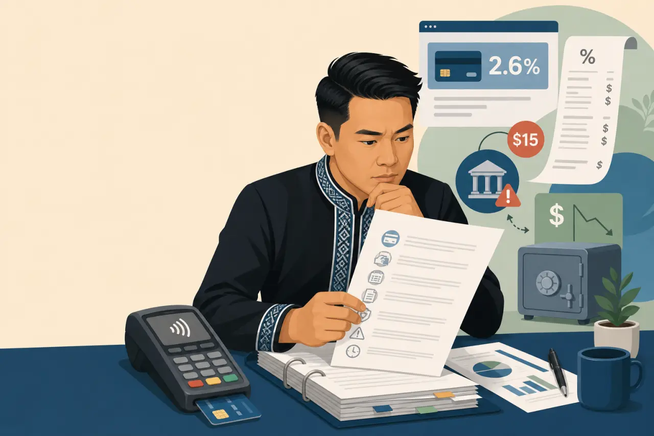 Illustrated man reviewing a billing statement beside a card terminal, safe, and fee icons, symbolizing the costs and risks of secure payment processin