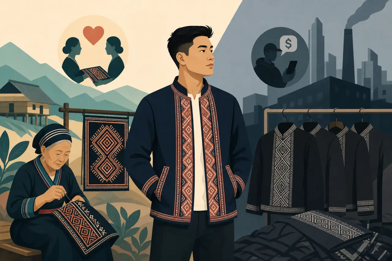 Illustration contrasts a village artisan hand-stitching traditional embroidery with a young man wearing modern Hmong fashion beside a factory rack of
