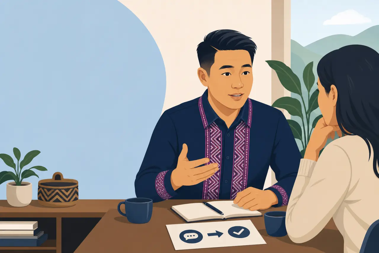 Illustrated man in an embroidered navy shirt gestures while discussing business communication strategies for small business with a seated colleague at