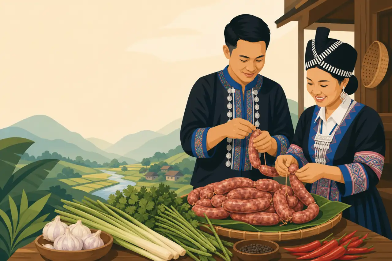 Illustrated couple in traditional embroidered attire tie coiled links on a bamboo tray beside garlic, lemongrass, cilantro, and chilies, showcasing th