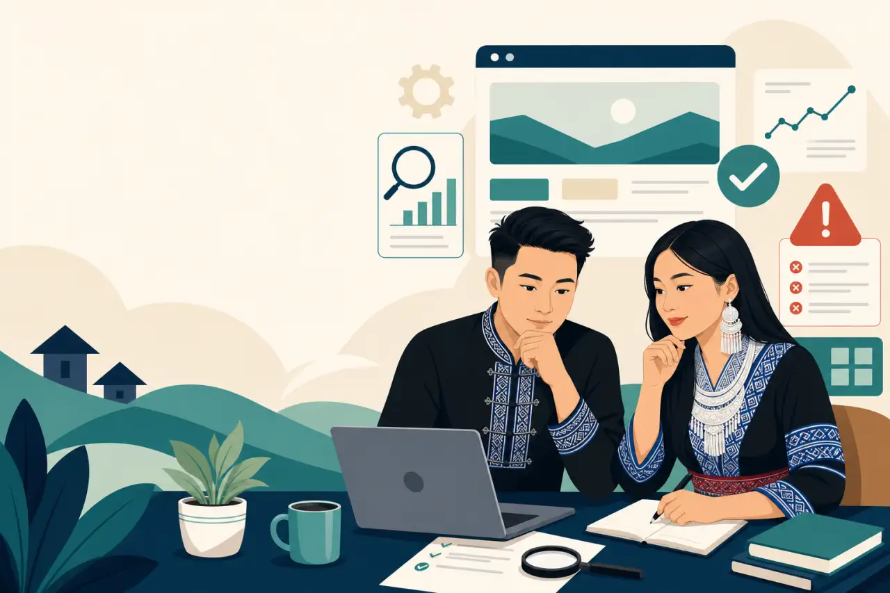 Illustration of a man and woman in traditional Hmong attire reviewing a laptop and notebook surrounded by website mockups, analytics charts, and error