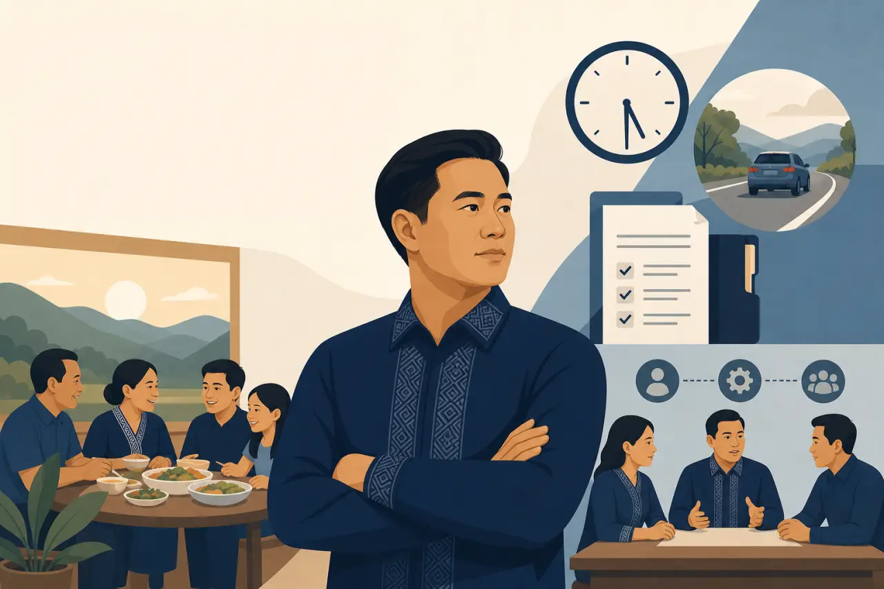 Illustrated man in traditional patterned shirt stands with arms crossed between a family meal scene and a business meeting, with clock, checklist, and
