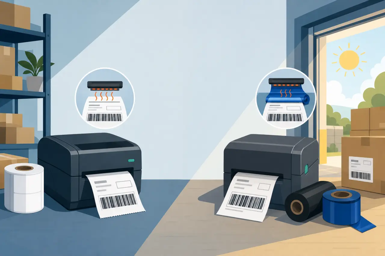 Illustration comparing a direct thermal label printer in a shaded warehouse against a thermal transfer label printer with ribbon rolls near sunlit box