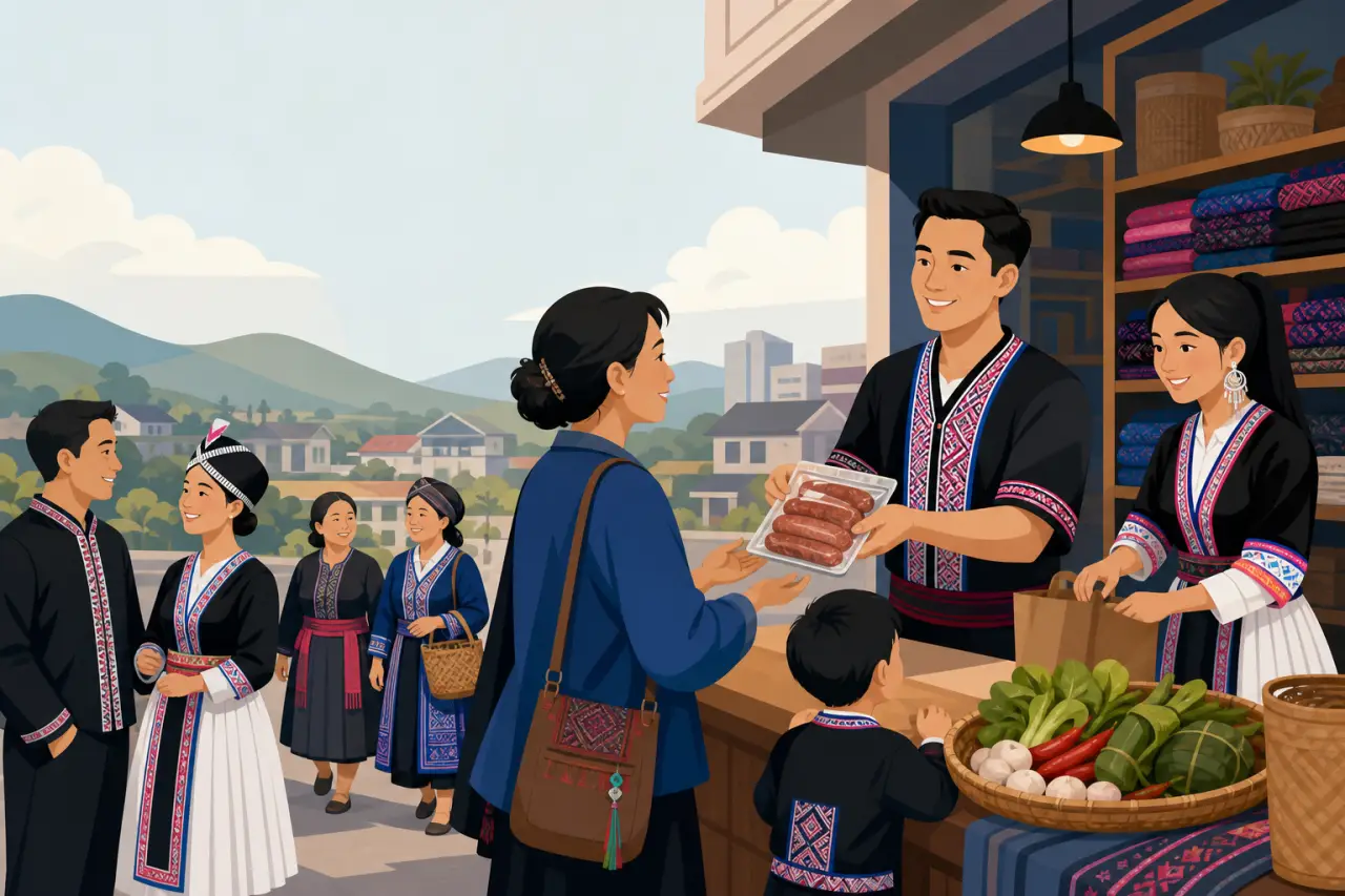 Illustrated market scene showing vendors in traditional embroidered attire selling sausages and fresh vegetables to customers, capturing why shop loca