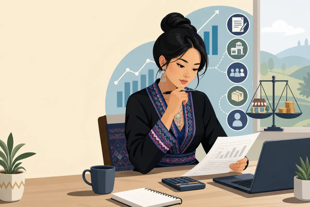 Illustrated woman in traditional dress reviews financial charts and a document at her desk, surrounded by icons representing property, contracts, and