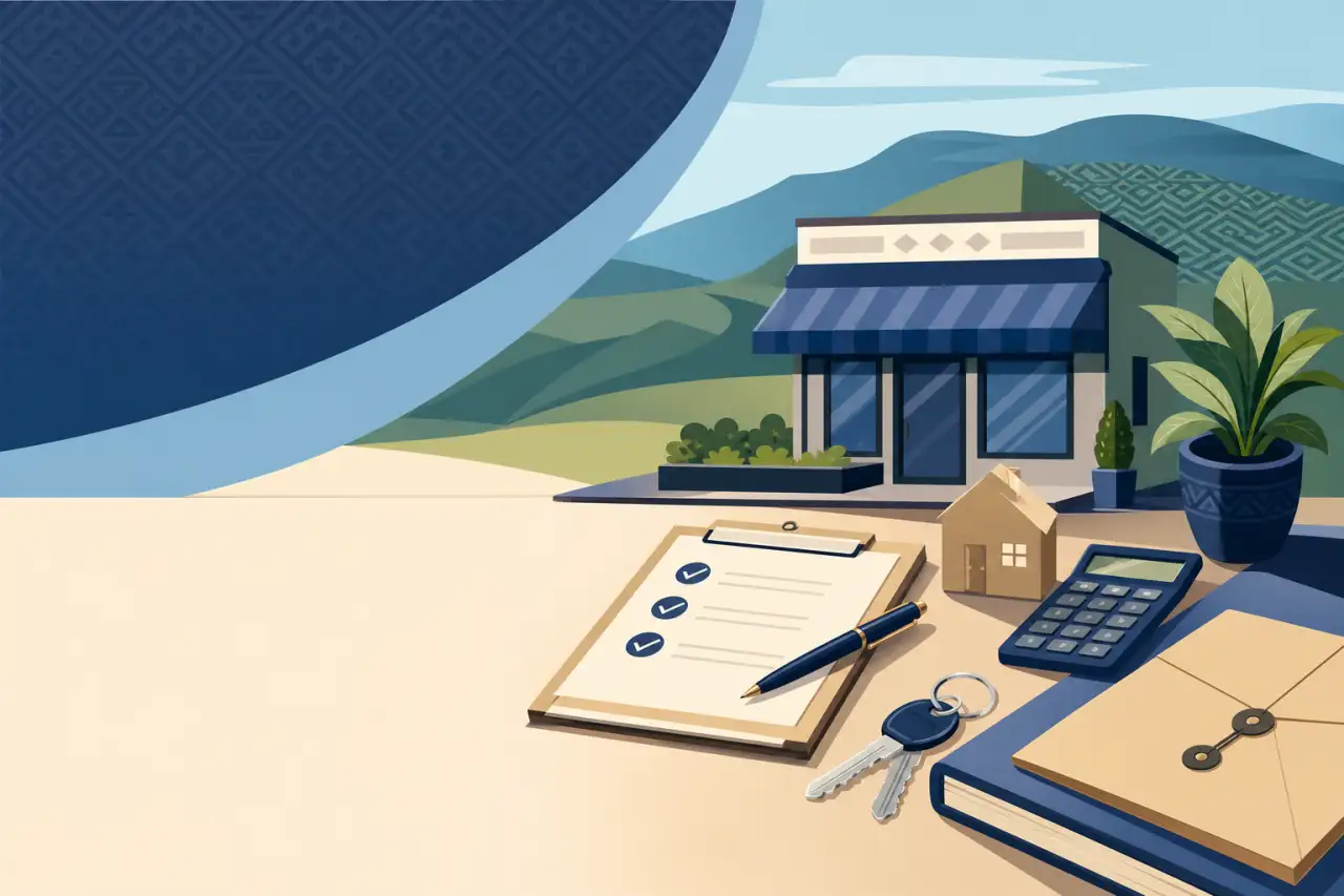 Illustration representing seller financing small business, featuring a storefront with mountains behind, plus a checklist, pen, keys, calculator, mode