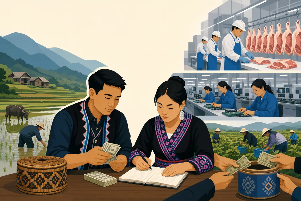 Illustration depicting Hmong American history resilience through scenes of rural farming, a couple counting cash and recording entries in a ledger, me