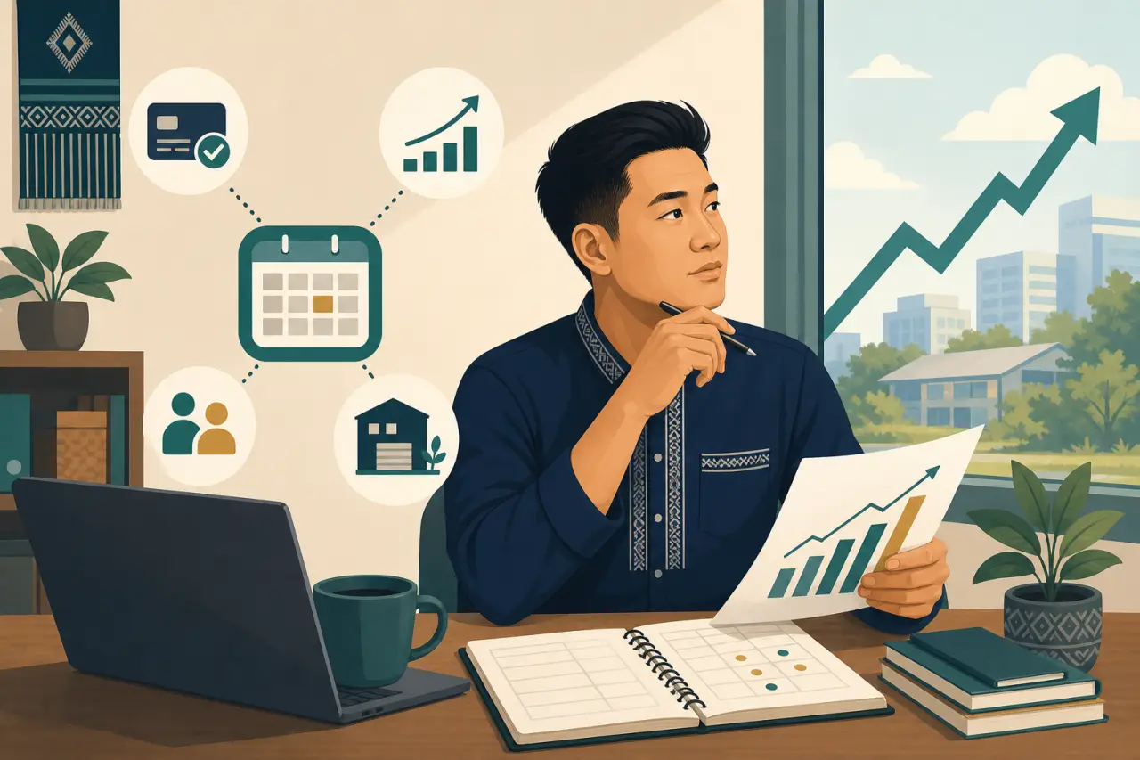 A man at a desk with a laptop, planner, and growth chart reflects on how to pay yourself as a small business owner, surrounded by icons for payments,
