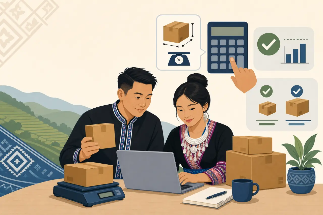 Illustration of a man and woman in traditional embroidered attire reviewing seller shipping options on a laptop, surrounded by boxes, a digital scale,