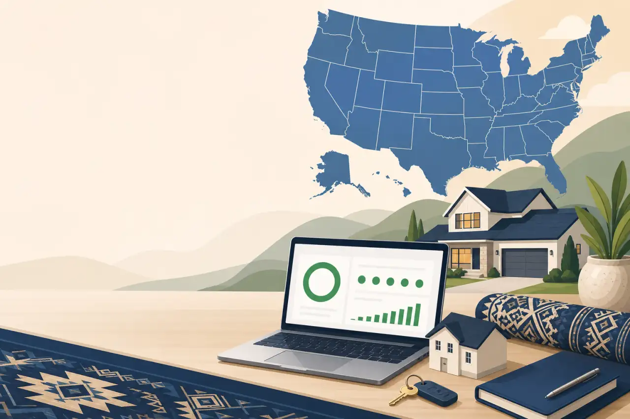 Illustration of a US map, laptop with growth charts, house model, and keys on a desk representing Hmong realtor SEO nationwide 50 states for real esta