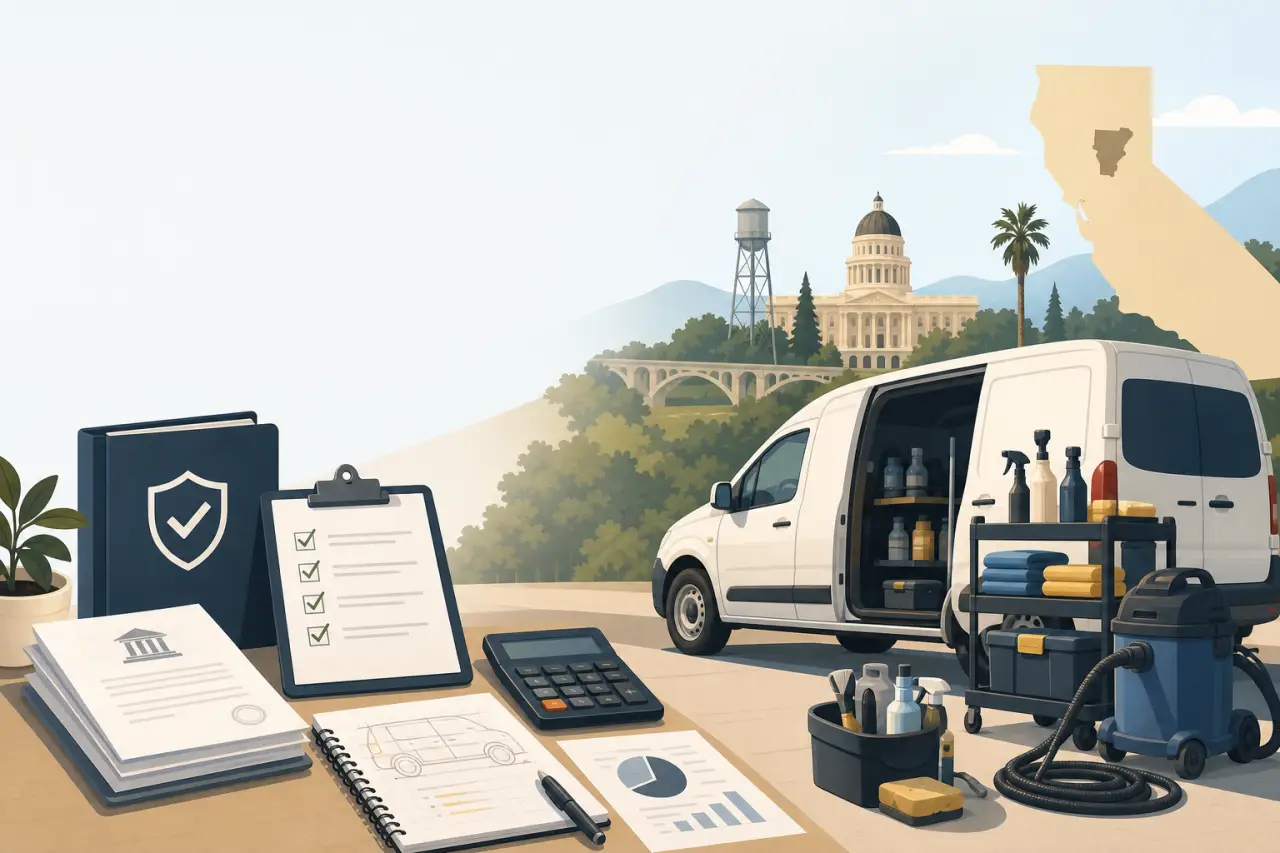 Illustration of a mobile detailing van with cleaning supplies, checklist, calculator, and business documents set against a California capitol backdrop