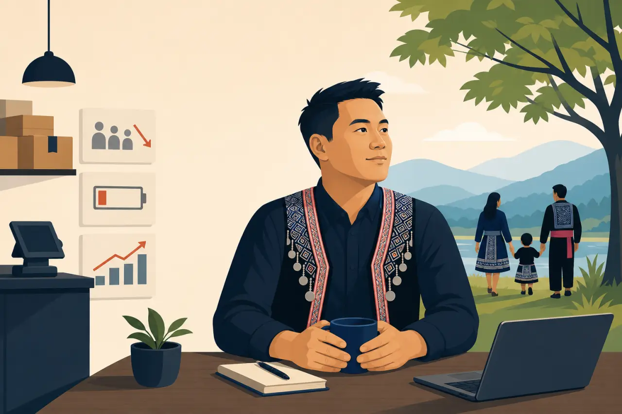 A man in traditional embroidered attire sits at a desk with a laptop and notebook, reflecting on how to grow a small business while icons of declining